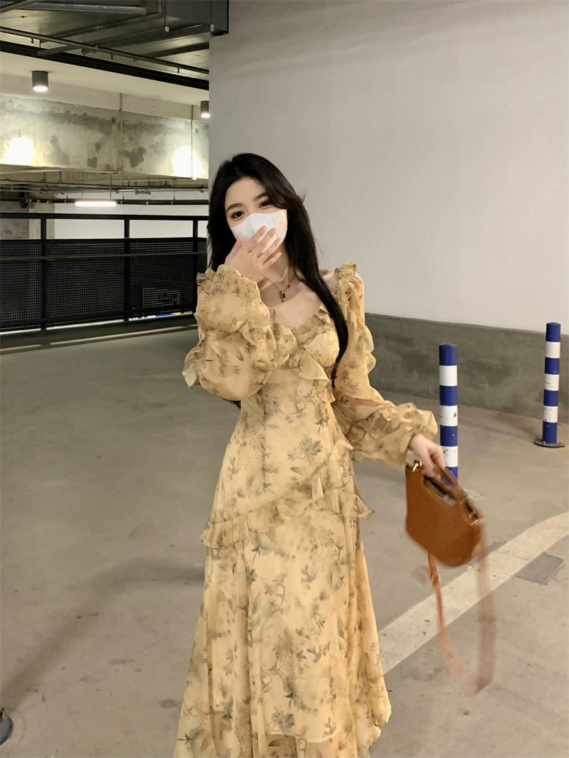 Fashion women's wear French Style Beautiful Yellow Floral Dress Spring plus Size Plump Girls Slimming Fairy Long Dress Style Skirt