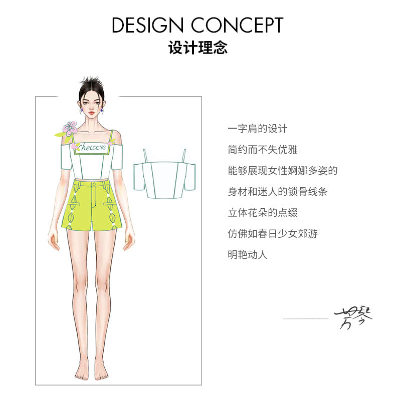 Dopamine tops Free shipping Tattoo Sweet and cool dopamine top 24 years summer tender pink flower one-word shoulder contrasting color suspender off-the-shoulder short-sleeved T-shirt