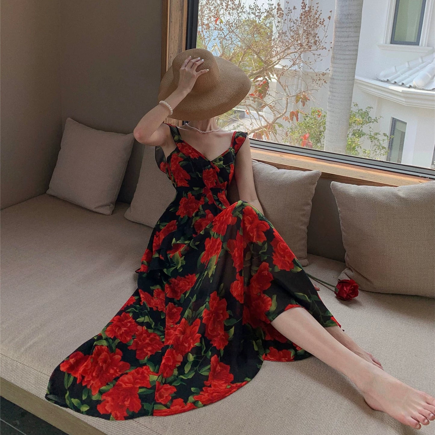 Fashion women's wear French Retro Tea Break Sling Ankle-Length Dress Women's Summer Seaside Holiday V-neck Rose Backless Slimming Dress