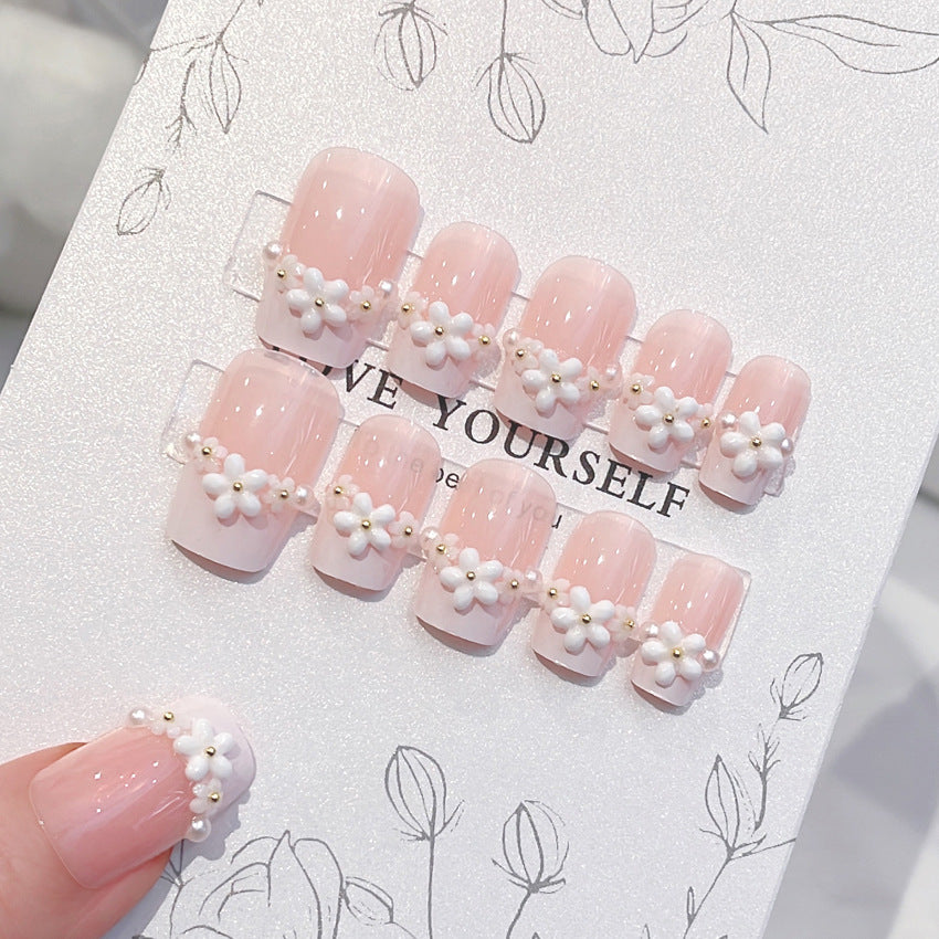 Fashion  nail New Fresh Sweet French Style Pearl Flower Nail Stickers Fake Nails Fresh Hand-Worn Armor A41