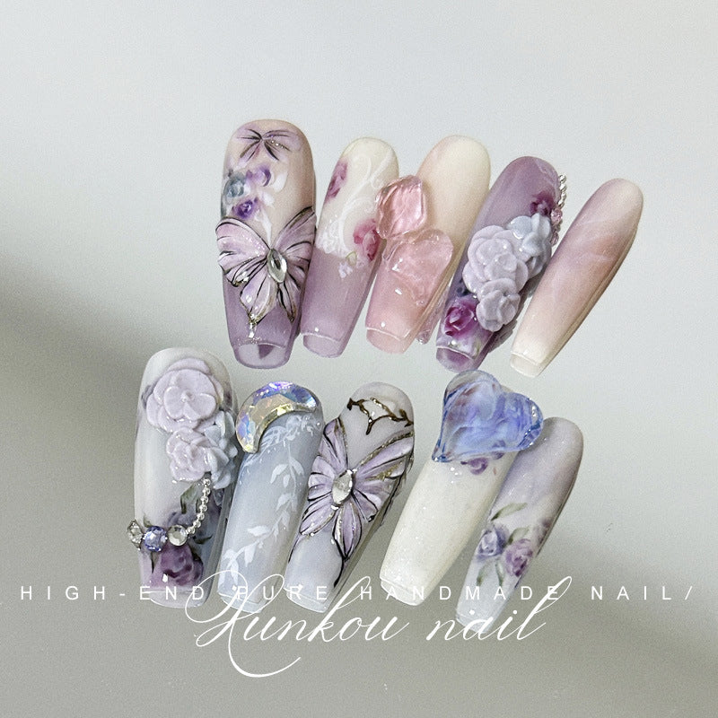 (Hand-Made Nail) Pure Hand-Wear Nail Manicure Pink Nude Pink Butterfly Flash Big Diamond Ice Transparent Fairy Disassembly Heavy Industry Hand-Painted