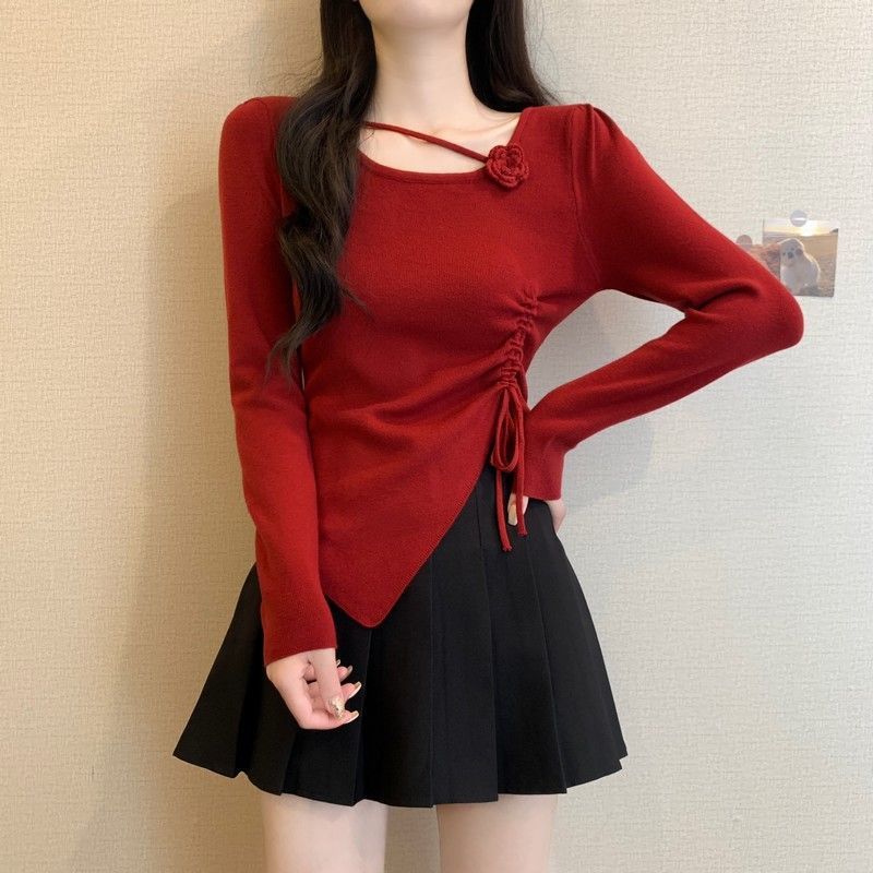 Dopamine tops Free shipping Tattoo Dopamine red three-dimensional flower long-sleeved knitted sweater for women's early autumn side drawstring closed waist and thin outer wear small top