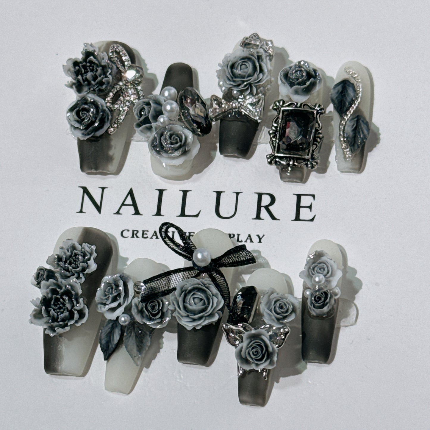 Original Manicure Advanced Carved Black and Rose Red Jiangnan Ink and Wash Style Internet Celebrity Manicure Wear Nail