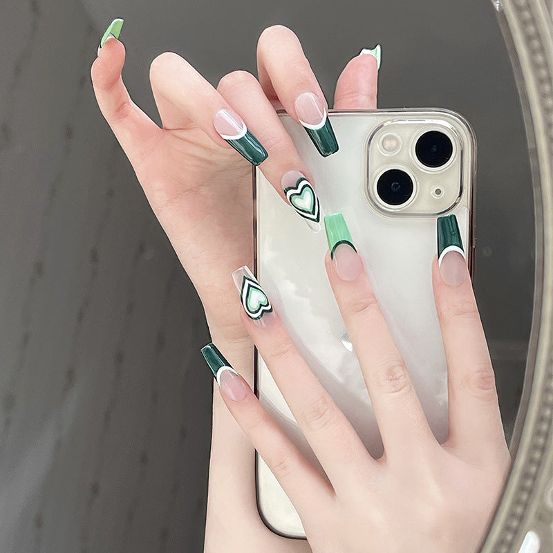 薄荷绿爱心穿戴甲法式美甲贴片欧美甲片 nails 跨境美甲 甲片批发