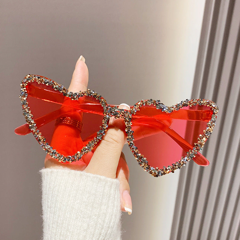 Women's fashion glasses 糖果色爱心镶钻太阳镜女士欧美潮流桃心无框海洋镜片派对墨镜