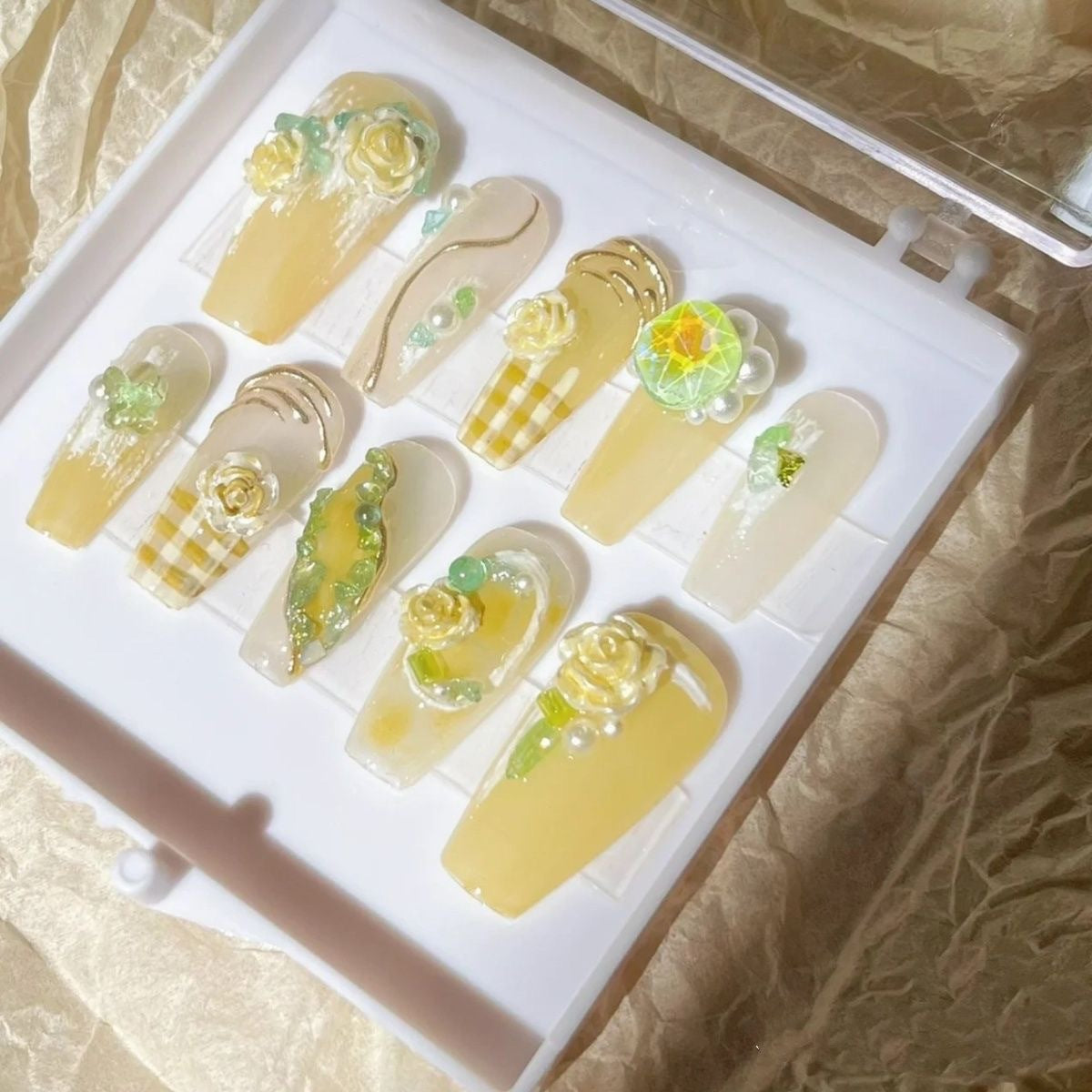 (Hand-Made Nail) Miss Meow Hand-Worn Armor Popular Recommend Creamy Green Plaid Camellia Nail Stickers Finished Product Wholesale