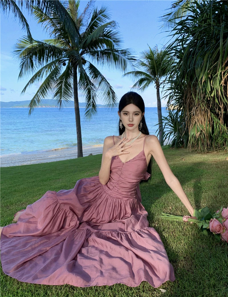Fashion women's wear Beautiful Dopamine Special-Interest Design Lace-up Pleated Backless Vacation Style Sling Dress High-Grade Sense Temperament Long Dress