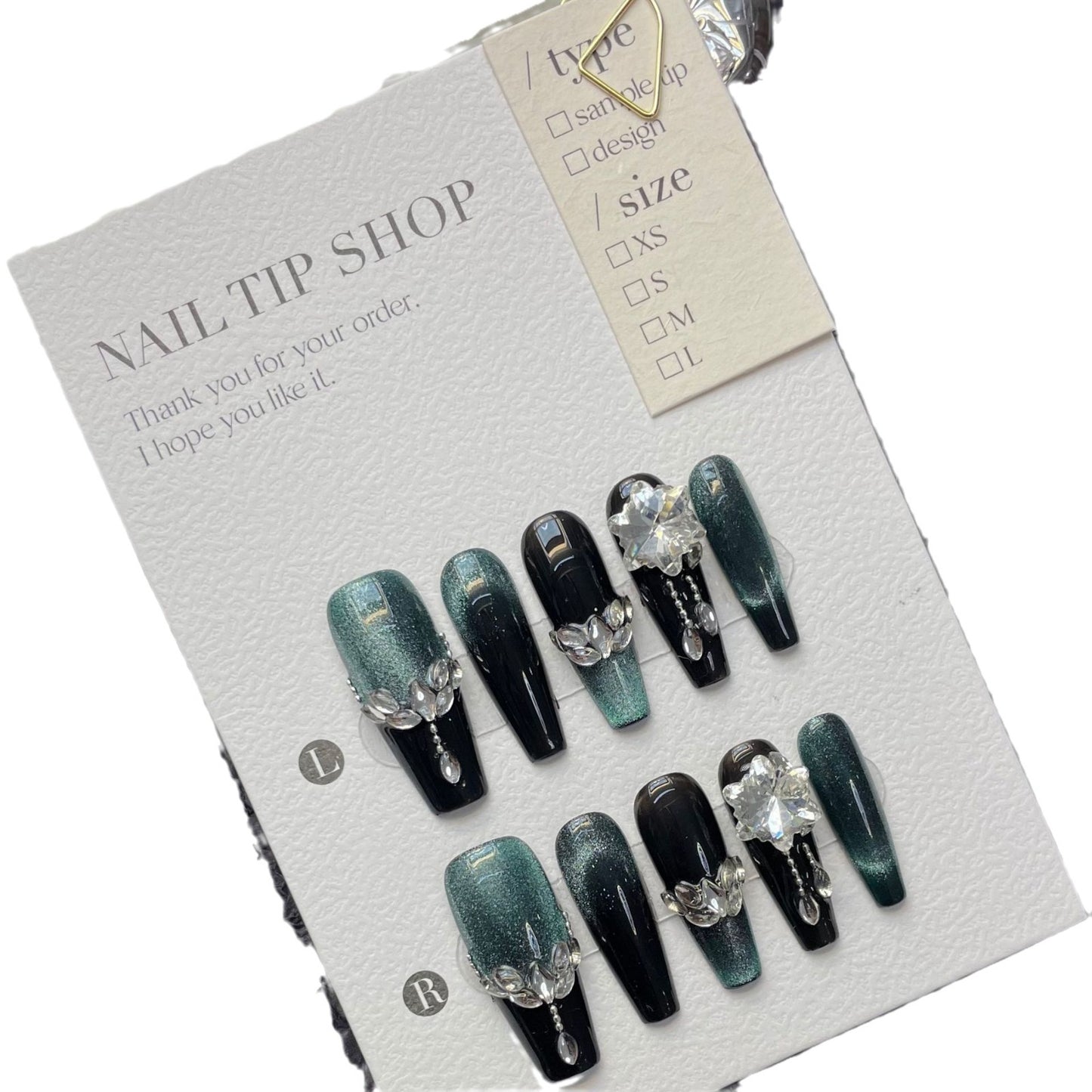 (Hand-Made Nail) Dark Green Gatling Hand-Worn Nail New Dark Dark Green Cat's Eye Zircon Retro High-Grade Finished Product Nail Stickers