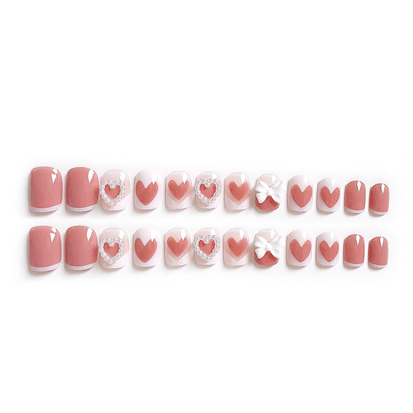 Fashion  nail Pearl Heart Bow Fake Nail Patch Finished Nail Beauty Wearable Nail Stickers X50