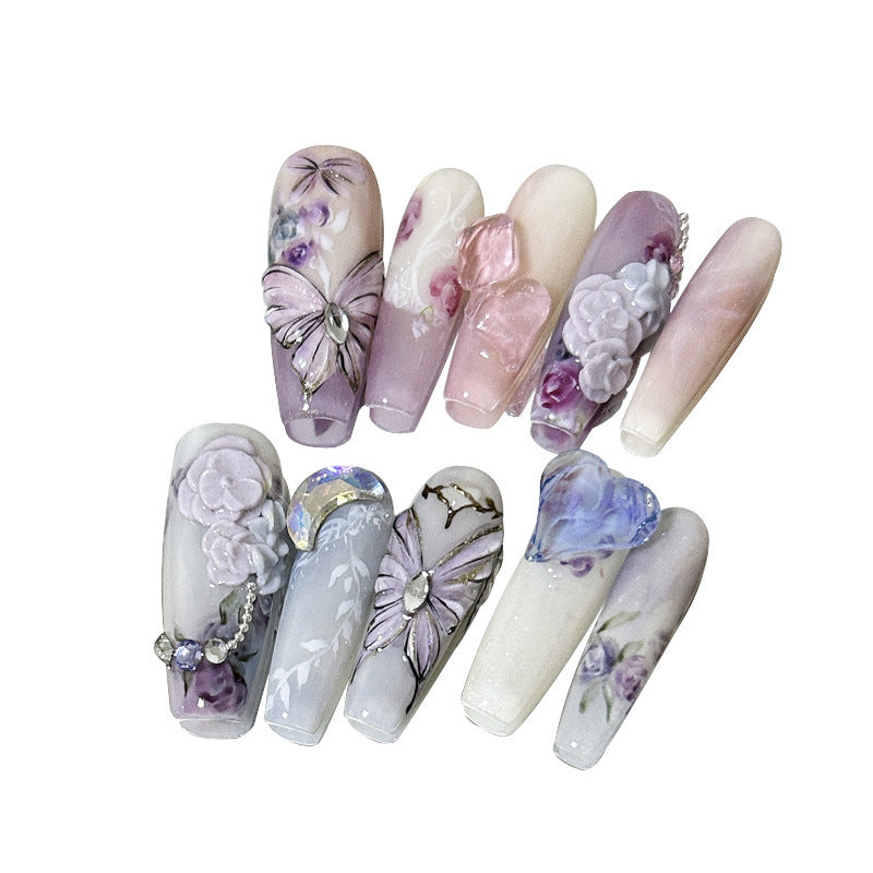 (Hand-Made Nail) Pure Hand-Wear Nail Manicure Pink Nude Pink Butterfly Flash Big Diamond Ice Transparent Fairy Disassembly Heavy Industry Hand-Painted