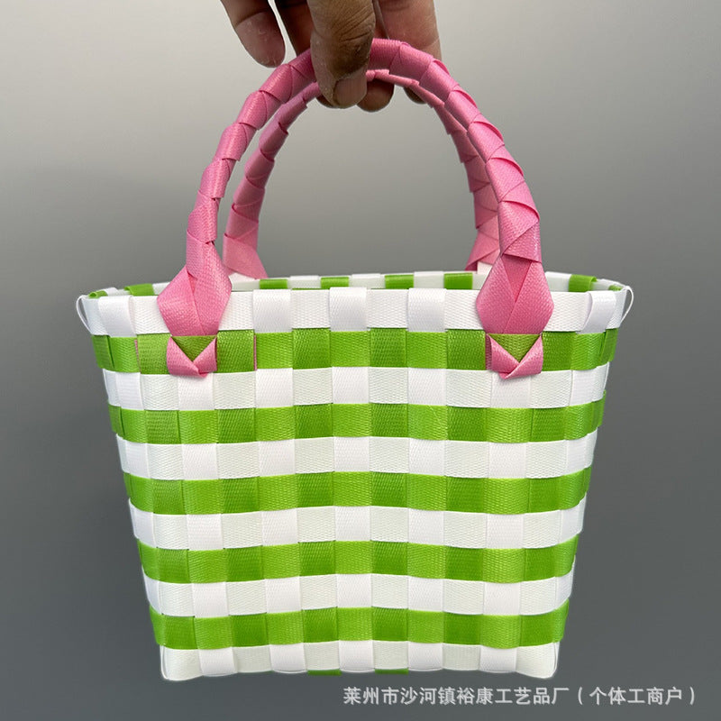 Dopamine Bag Free shipping Tattoo Cartoon dopamine plastic woven bag, trendy macaron hand-woven vegetable basket bag, cute casual seaside beach bag