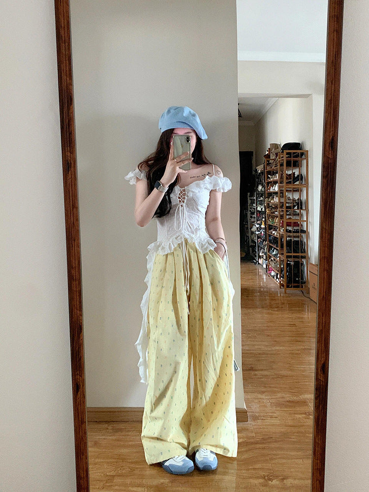 Free shipping  Large size dopamine color polka dot casual trousers women's summer high waist loose and thin walking trousers wide leg trousers tide pants