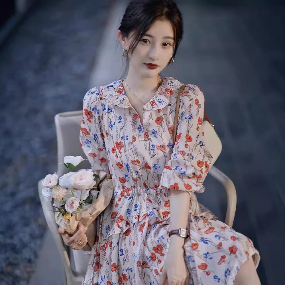 Dopamine dress Free shipping Tattoo French Temperament Short Sleeve Muse Fan Bubble Sleeve Floral Dress Early Autumn Dopamine Wear Waist Skinny Skirt