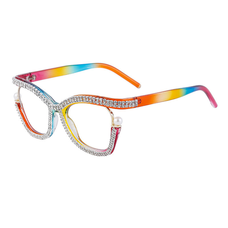 Women's fashion glasses 欧美新款个性镶钻平光眼镜框女时尚猫眼可配近视眼镜架女跨境批发