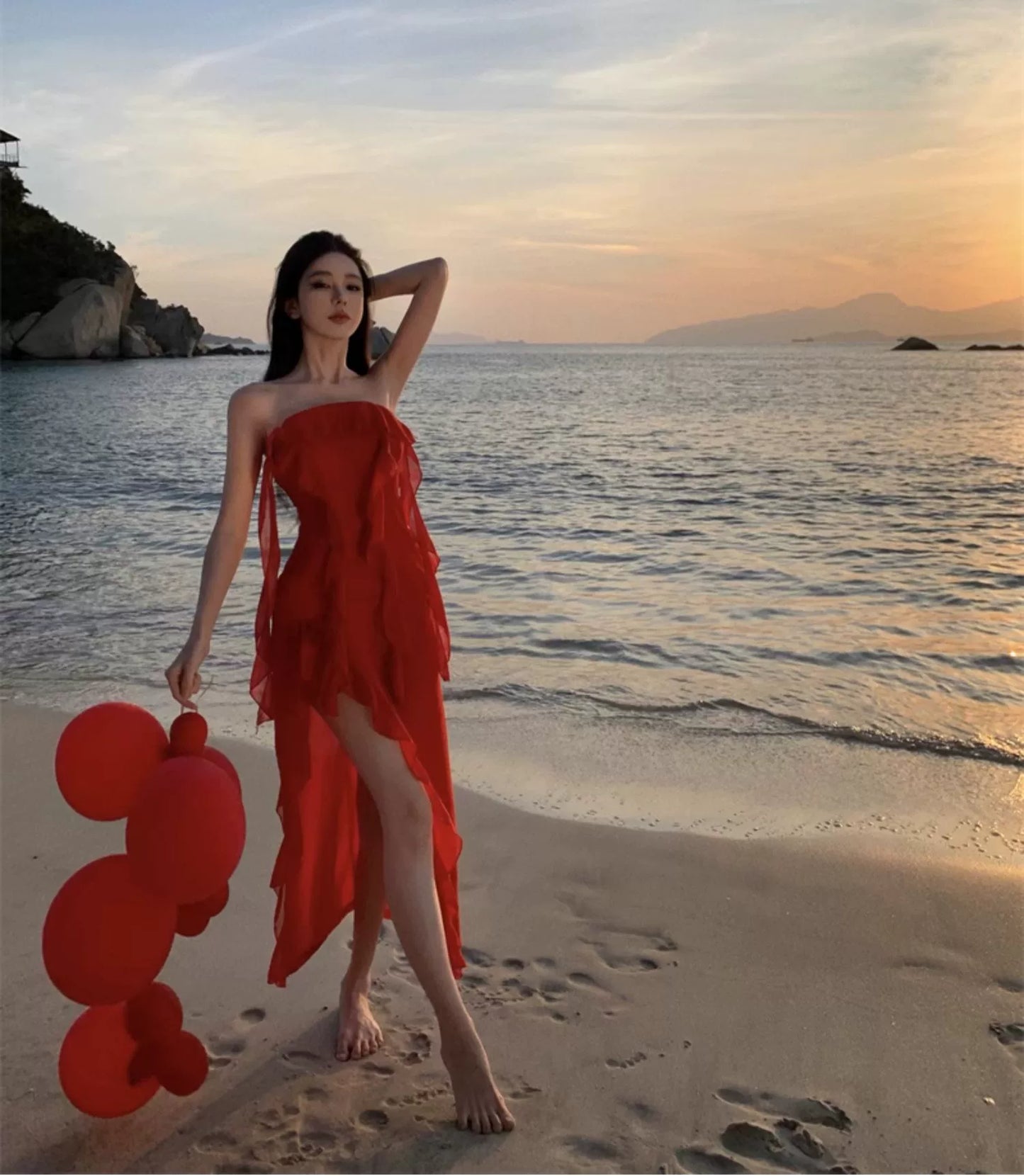 Fashion women's wear French Irregular Red Halter Spaghetti Straps Dress Women's Senior Sexy Beautiful Dress Seaside Holiday Beach Dress