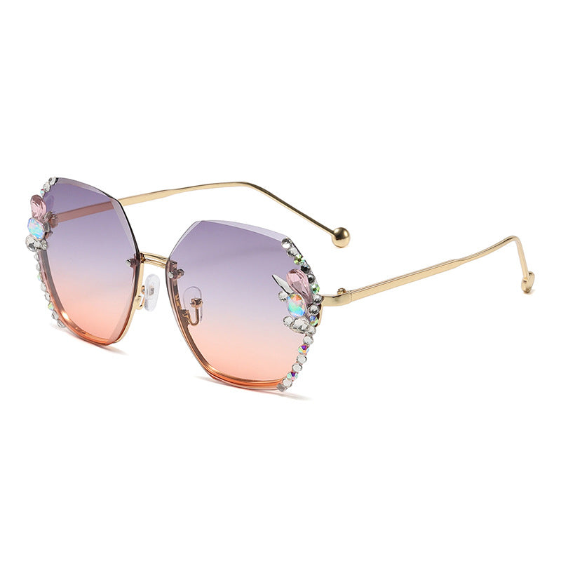 Women's fashion glasses 欧美跨境大框镶钻太阳镜无框防晒防紫外线水晶墨镜女大脸显瘦