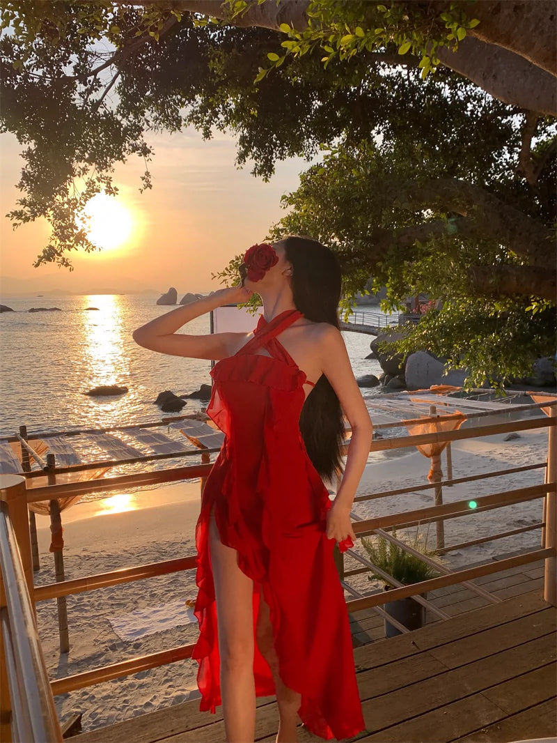 Fashion women's wear French Irregular Red Halter Spaghetti Straps Dress Women's Senior Sexy Beautiful Dress Seaside Holiday Beach Dress