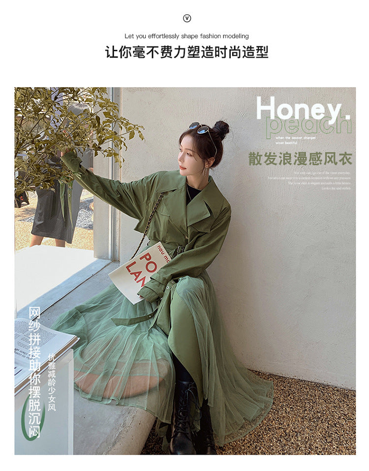 Fashion women's wear A Large Number of in Stock 2024   Purpleflower Holly Leaf Spring and Autumn Trench Coat Women's French Mesh Stitching Casual Temperament Coat