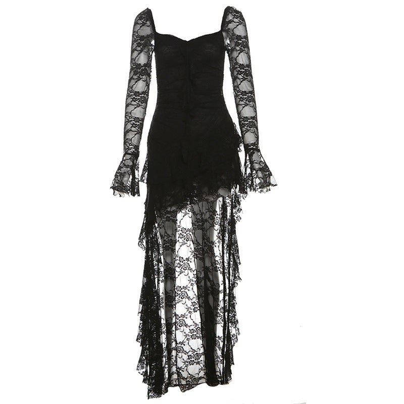 Free shipping new women's clothing solid color high waist fashion square neck long sleeve lace splicing dress tops