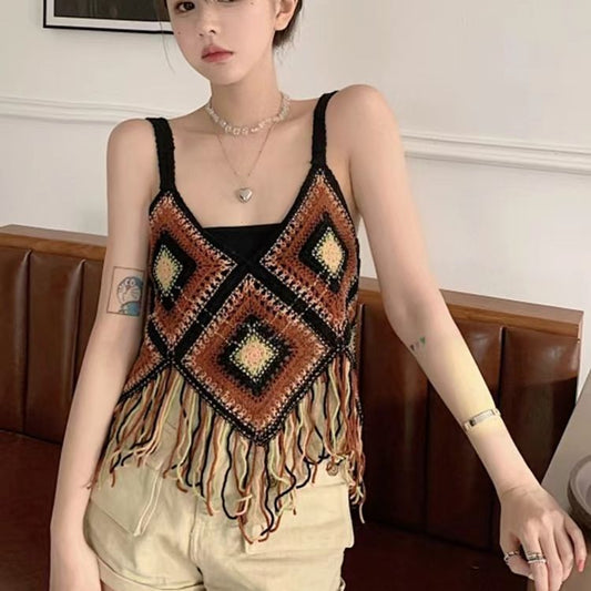 Dopamine tops Free shipping Tattoo Summer dopamine high-value fringed small suspender small fragrant versatile retro sweet hook-up hollow vest top