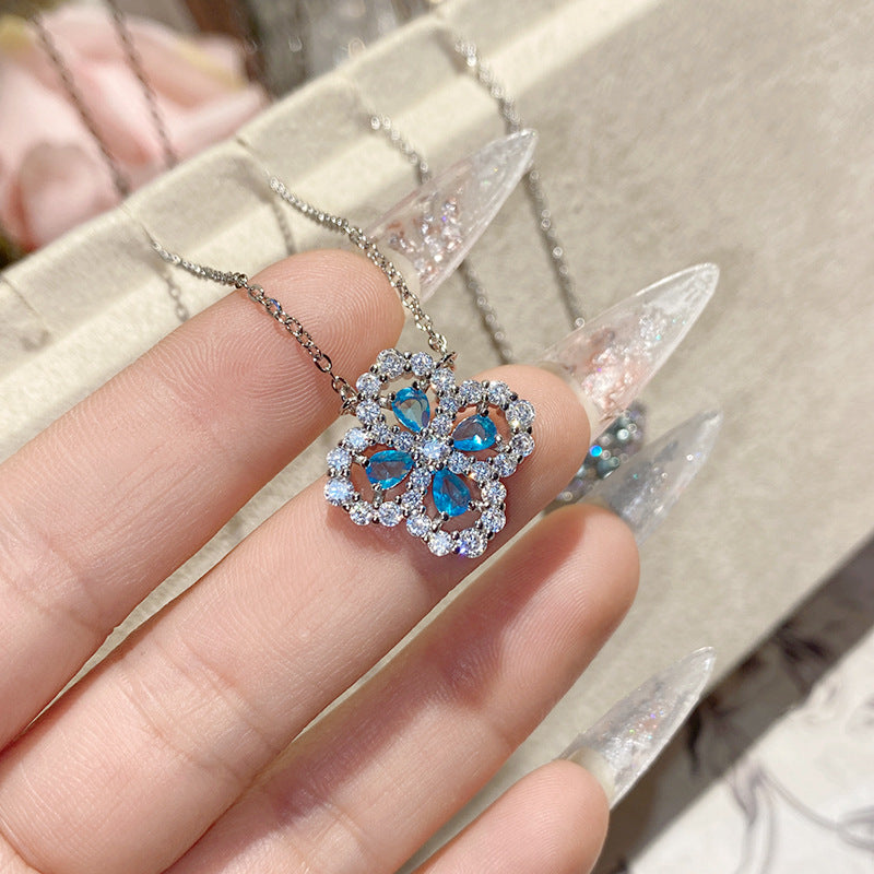 珠宝首饰山茶璀璨水蓝宝石芭比心形项链 镀18K金满钻多切面锆石爆闪锁骨链