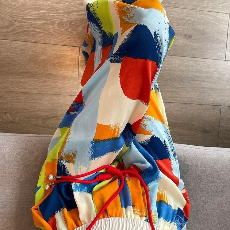 Free shipping  tie-dye wide-leg pants women's 2023 summer thin colorful dopamine drape thin straight casual pants tide