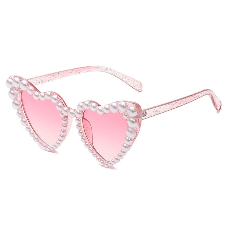 Women's fashion glasses 2022跨境大框架歪心欧美镶珍珠太阳镜桃心爱心女士墨镜防紫外线