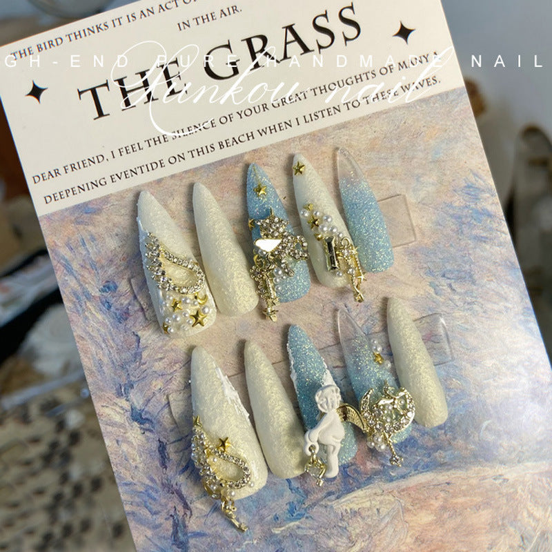 (Hand-Made Nail) Purple White Heavy Industry Secret Garden Flash Pink Diamond Pearl Sequins Hand-Worn Nail Beauty Ins Style Disassembly