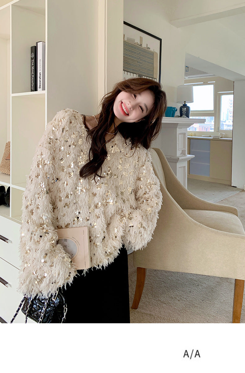 Fashion women's wear Real Shot Shiny Annual Meeting Festival Atmosphere Handmade Sequined Feather V-neck Sweater Spring Inner Wear Sweet Dress