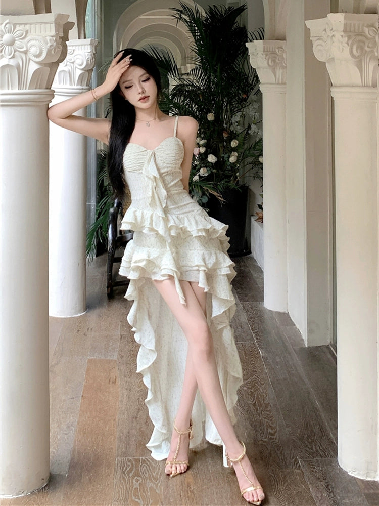 Fashion women's wear Irregular Ruffled Floral Strap Dress Women's Summer Super Fairy Beach Seaside Vacation Princess Trailing Dress
