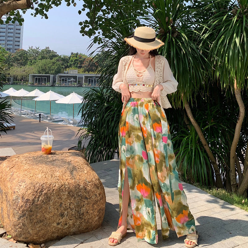 Dopamine pants Free shipping Tattoo Dopamine floral wide-leg pants seaside wear with flower pants summer women's high-waisted trousers bohemian culottes beach pants