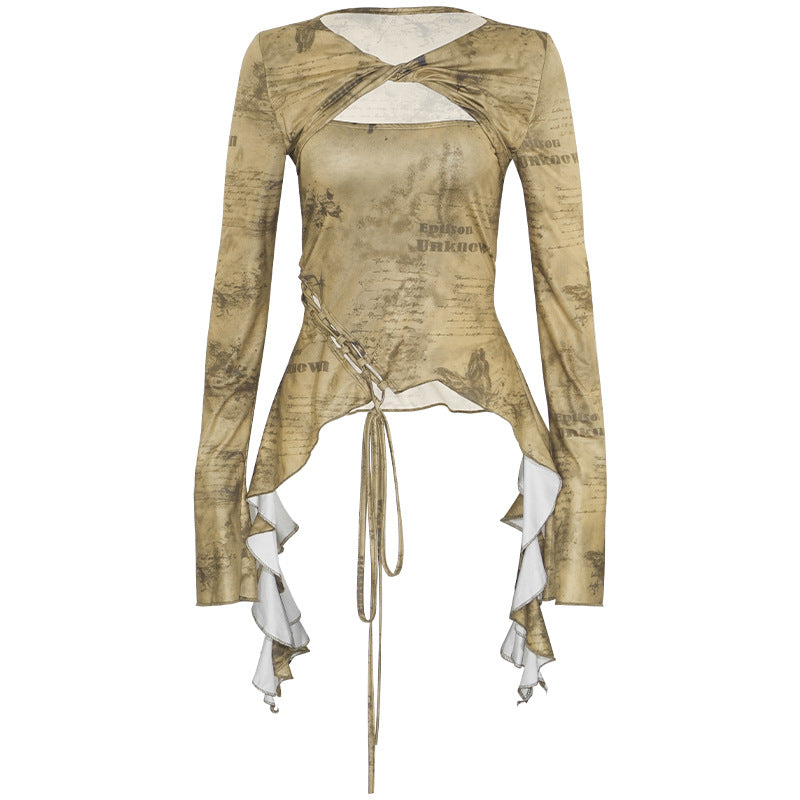 Free shipping   New Vintage Long Sleeve Kink Lace Up Irregular Slim Women's tops