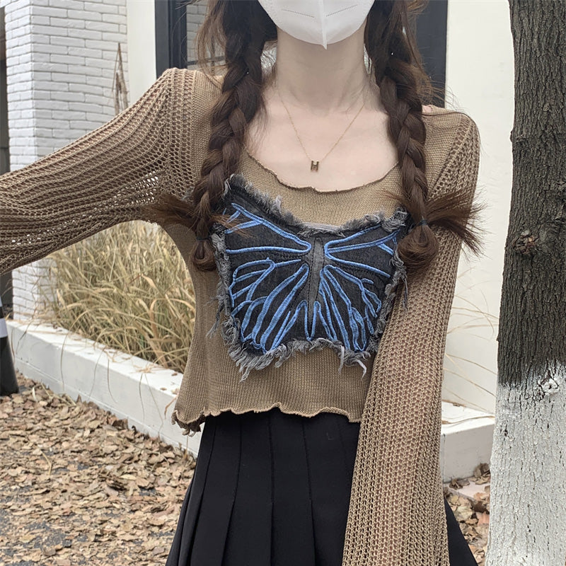 Dopamine tops Free shipping Tattoo Blue short top women's summer sweet and spicy tulle sunscreen blouse backing autumn wear dopamine music festival long-sleeved T-shirt
