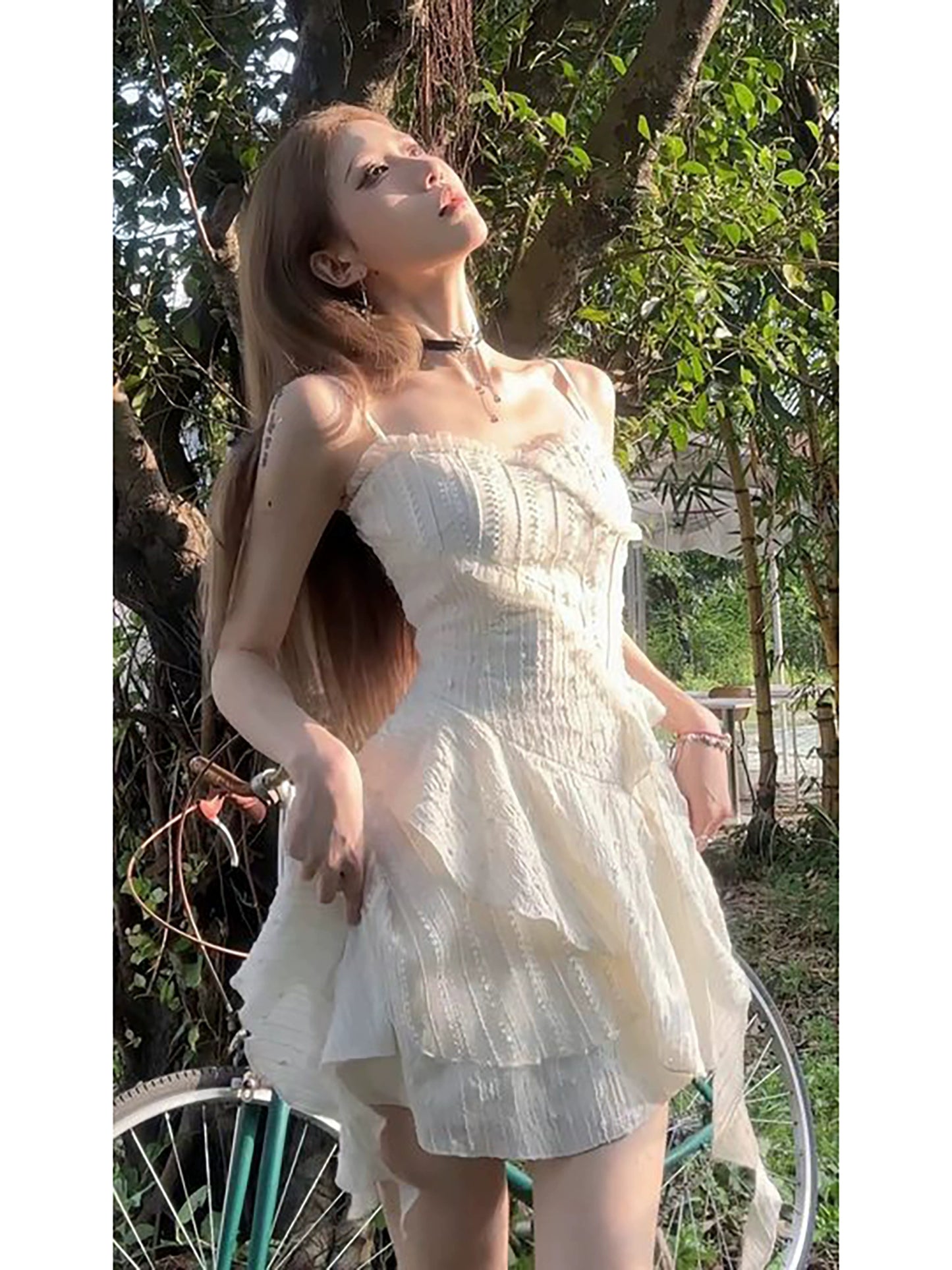 Fashion women's wear Dream Seven77 French Style Irregular Spaghetti-Strap Dress Women's Spring New Ruffled Design Short Skirt