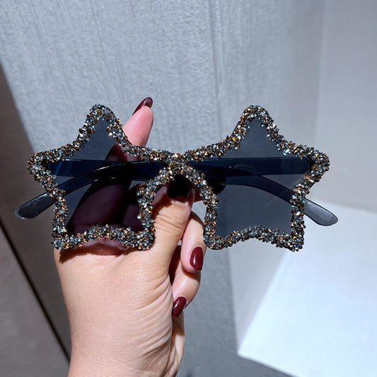 Women's fashion glasses 2023无框手工镶钻五角星舞会太阳镜糖果色墨镜女INS搞怪派对眼镜