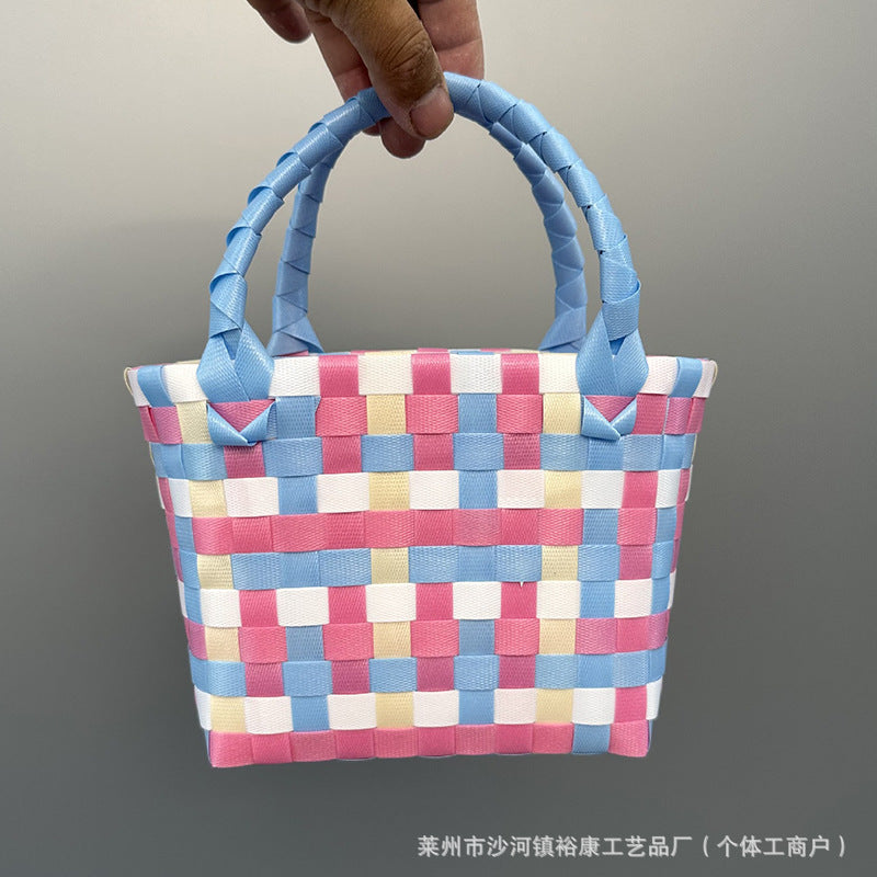Dopamine Bag Free shipping Tattoo Cartoon dopamine plastic woven bag, trendy macaron hand-woven vegetable basket bag, cute casual seaside beach bag