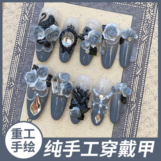 Hand-Made Nail Factory Straight Hair Manicure Black Swan Three-Dimensional Black Color with Carved Flower Rose Dark High Grade Gray