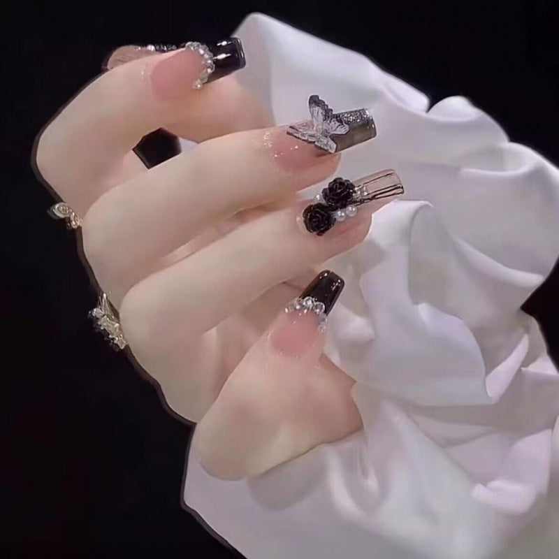 (reusable nail)Handmade Phototherapy Wearing Nail Black Camellia Flower Wearing Nail Wholesale Finished Products Reusable Nail Patch