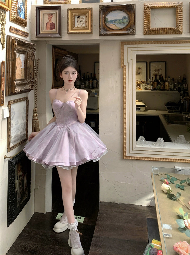 Fashion women's wear Tea Break French Style Fishbone Sling Dress Fairy Birthday Dinner Suit Disney Princess on the Run Bubble Skirt