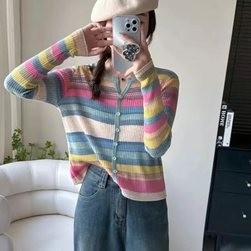 Dopamine tops Free shipping Tattoo Early autumn new striped versatile contrasting colors rainbow dopamine wear long-sleeved V-neck knitted sweater women