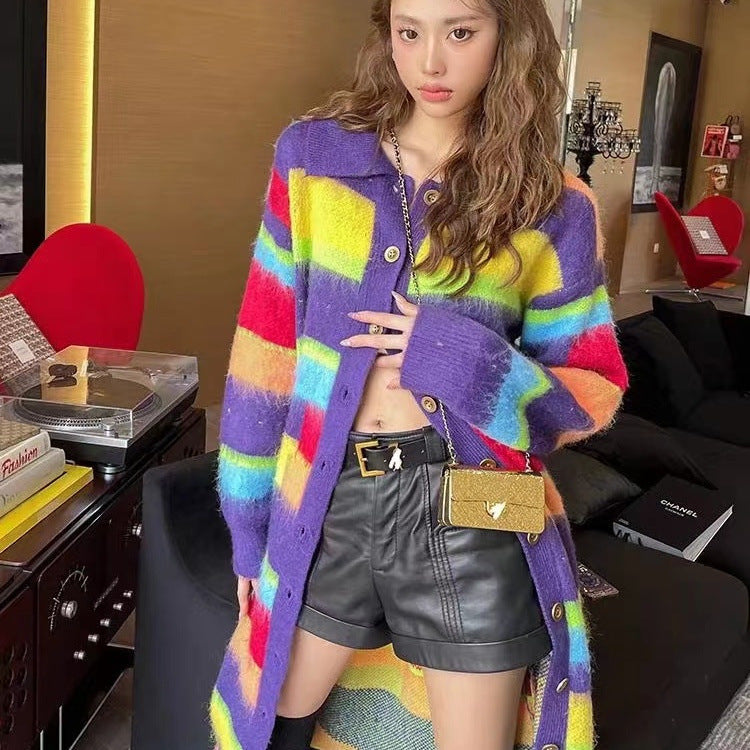 Dopamine tops Free shipping Tattoo 2023 new French long sweater skirt rainbow knitted dress high sense inside dopamine women autumn and winter