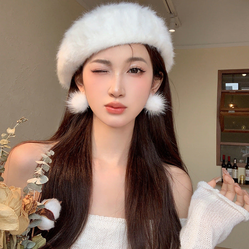 银针秋冬白色毛绒球球耳环小众设计温柔气质耳钉女高级感耳饰批发