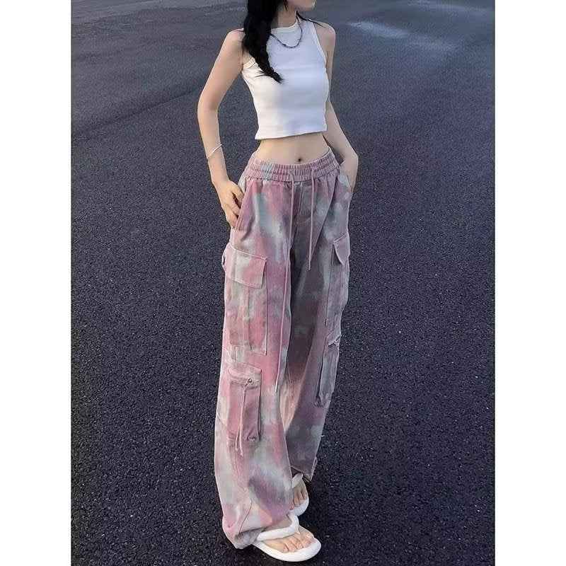 Dopamine pants Free shipping Tattoo Design sense dopamine wear pink camouflage overalls women's summer street high waist elastic sweet casual trousers