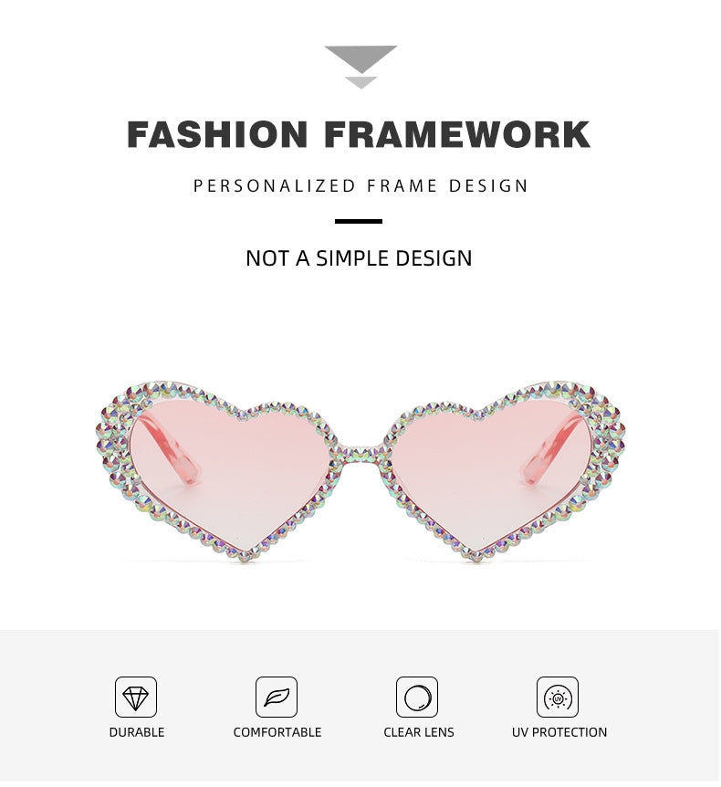 Women's fashion glasses 欧美跨境镶钻太阳镜 爱心女士潮流眼镜婚纱影楼街拍装饰墨镜
