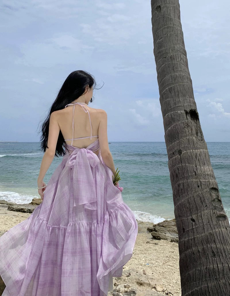 Fashion women's wear French Pure Desire Style Sexy Backless Halter Sling Dress Fairy Temperamental Beautiful Seaside Vacation Beach Dress