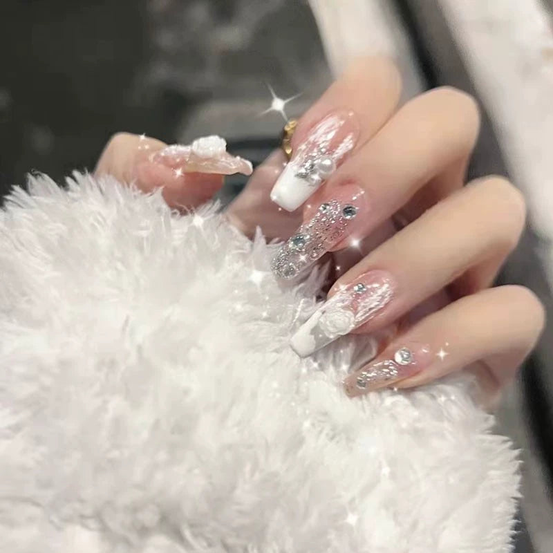 (Hand-made nail) Hand-customized fake nails patch finished product smog blue camellia manicure advanced sense bride A pregnant woman wears a nail.