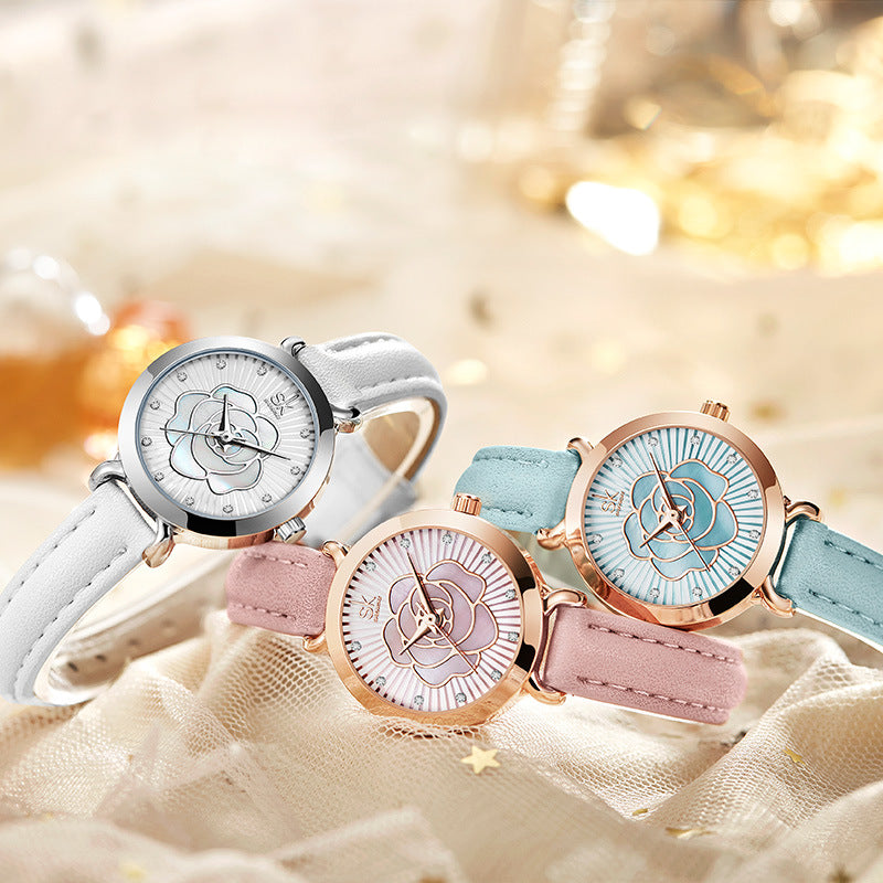 Fashion women's watchSK Women's Watch Female Niche High Sense Three-Dimensional Rose Belt Shenzhen Watch Female Quartz Watch Live Broadcast 0148