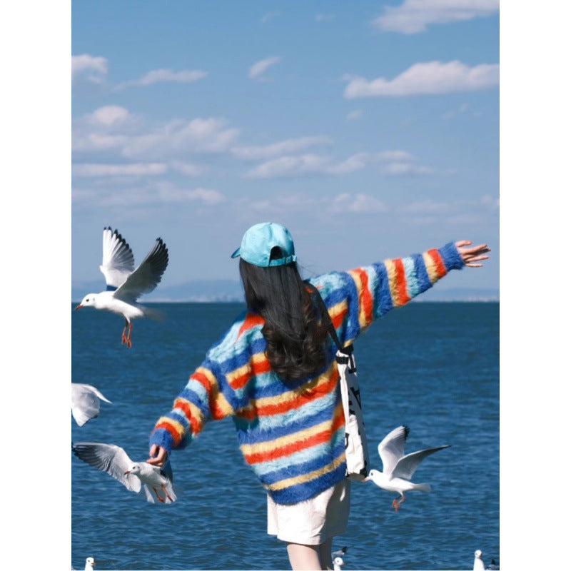Dopamine tops Free shipping Tattoo Dopamine Premium Sense Wear Small Striped Loose V-Neck Sweater Jacket Women's 2024 New Autumn and Winter