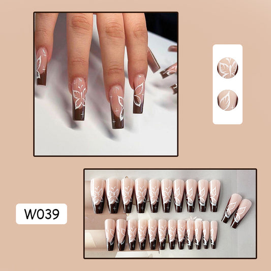 咖色蝴蝶穿戴甲法式nails 跨境美甲片外贸假指甲长梯甲型美甲贴片
