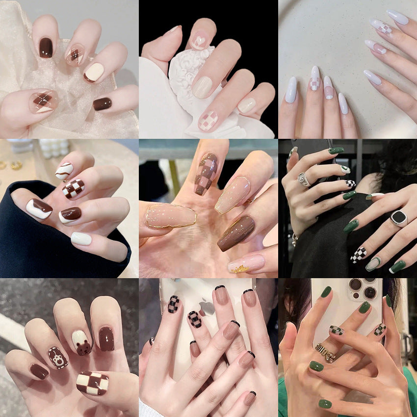 Fashion  nail Wearable Nail Sticker Chessboard Grid Wearable Nail Sheet Nail Shaped Piece Removable Nail Patch Finished Nail
